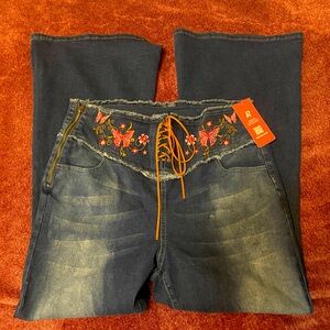 Plus Size 16 18 Wide Leg Embroidered Jeans Romwe Stretch NWT Butterfly Y2K💕 2x